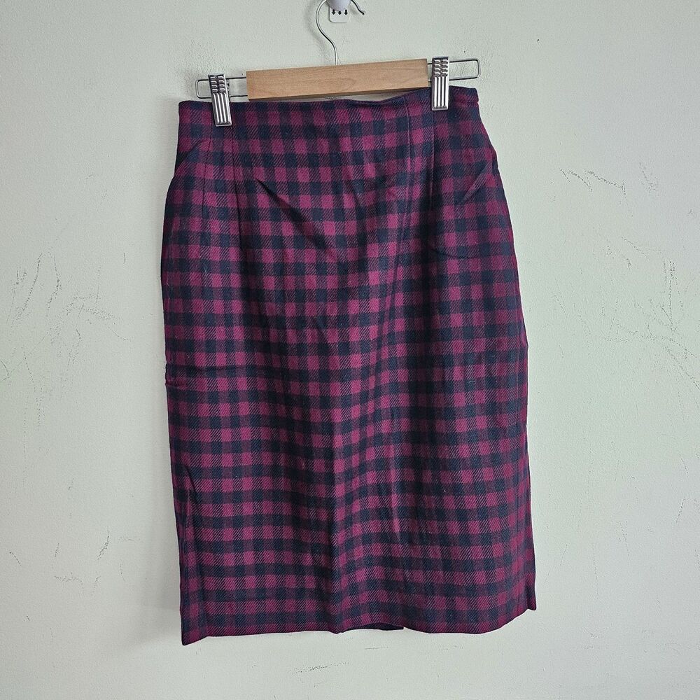 Jones New York Petite Wool Skirt 4P Burgundy Black Plaid Pencil Made in USA